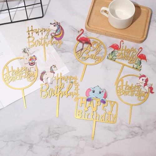 Baby Elephant Decoration Unicorn Pony Flamingo Acrylic Color Printing Birthday Dessert Cake Topper Baby Shower Party Baking Diy