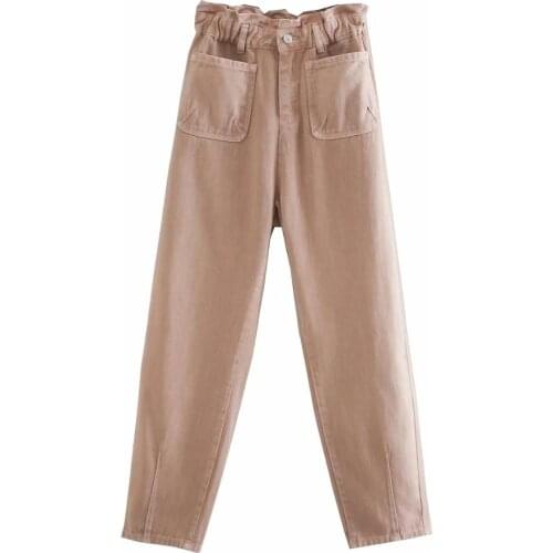 Dave&Di mom england style vintage pockets loose high waist jeans woman collect waist casual boyfriend jeans for women