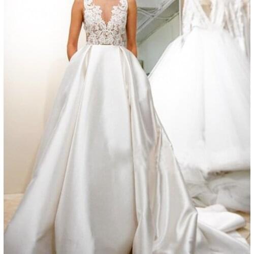 Elegant Simple A-Line Deep V Neck Satin Vintage Sleeveless Sexy Backless Sweep Train Wedding Gown Wedding Dress Bride