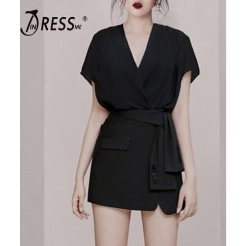 INDRESSME 2019 New Sexy V Neckline Short Sleeves Sashes Mini Dress Little Black Dress Office Ladies