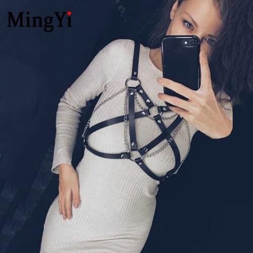 PU Leather Harness Punk Gothic Metal Chain Cage Bra Body Bondage Adjustable Chest Straps Top Bdsm Sexy Fetish Lingerie Black Red