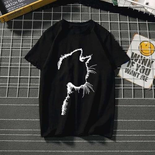 Kawaii Cute Tops Cat Silhouette Printing Short Sleeve Crew Neck Femme T-shirts Summer Clothes for Women Harajuku Woman Tshirts