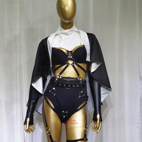 Nightclub Bar DJ DS Costumes Bandage Rivet Women Gogo Dance Costume Sexy Bodysuit Black And White Suit Festival Outfits DN8500