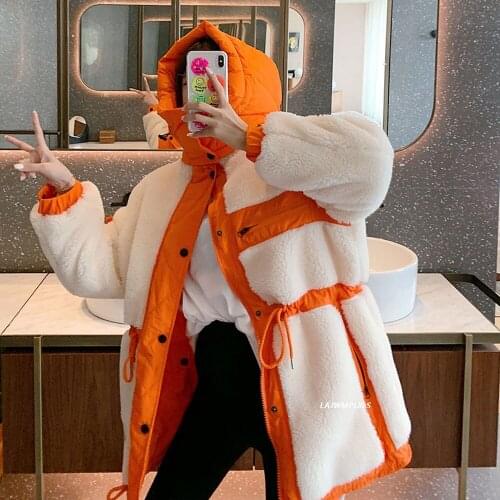 90% white duck Down jacket 2021 New style female Fashion mid-length Stitching Real lamb fur coat on both sides Down parka