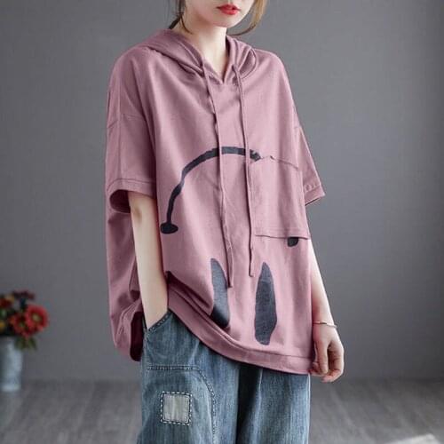 Summer Hooded Short-sleeved Womens T-shirt Korean Version Loose Casual Literary Print Blouse Plus Size Womens 2021 New