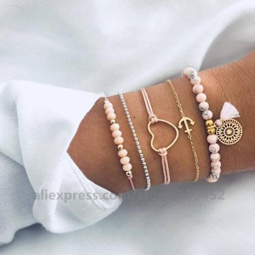 100set/lot Hot Sells Multi-layer shell Bracelet Set Heart Bead Tassel Bracelets Chains Cute Lovely Bracelet For Women