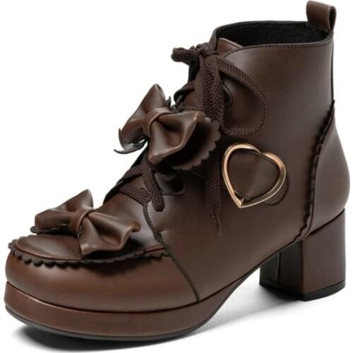 Sweet Womens Lolita Bowtie Lace Up Ankle Boots Block Heel Shoes Big SZ 34-48 Mary Jane