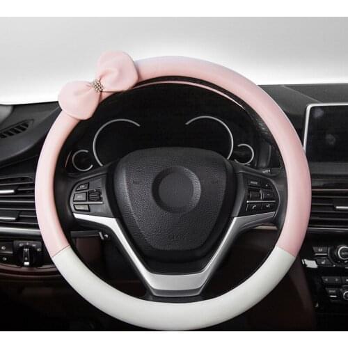 Car Cute Steering Wheel Cover Bowknot With Diamonds Car Accessories Handle Cover Wear-resistant Leather Interior For Women Pink