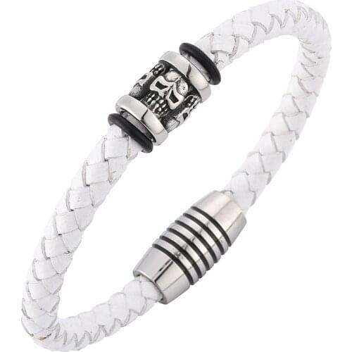 Fashion Men Jewelry Genuine White Braided Leather Bracelets Stainless Steel Magnetic Clasp Skull Bangles Wrist band Gift BB0200