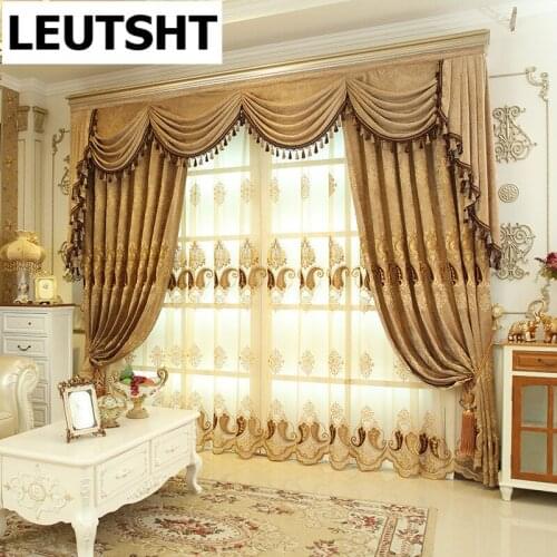 European Luxury Curtains Embroidery Sheer Tulle for Living Room Bedroom Chenille Floral Brown Curtain Valance Windows Treatment