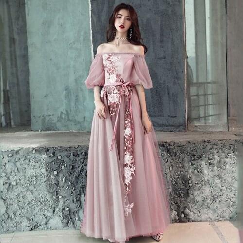 Pink Embroidered One-shoulder Evening Dress Female Banquet Noble Fairy Elegant Dream Birthday Party Slim Green Prom Dress A230