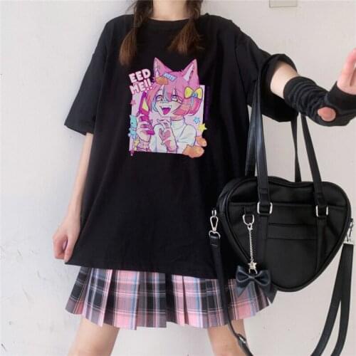 Cartoon Pink Cute Sweet girls Japan Streetwear Harajuku fun kawaii casual Tops Ulzzang Vintage Chic Loose Summer Women T-shirt
