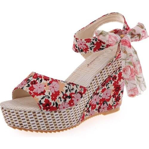 Summer Beach Boho Floral Wedge Sandals Women Ankle Strap Platform Gladiator Shoes Woman High Heels Sandalias Mujer 2020