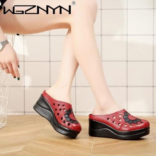 2021 Summer Women Shoes Wedges Slippers Platform Sandals Genuine Leather Handmade Hollow Out Comfortable Women Slides Slippers