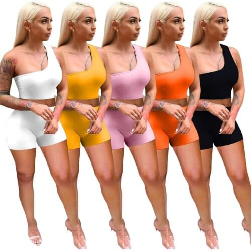 Adogirl Solid Color Fitness Active Tracksuit Women One Shoulder Crop Tops and Shorts Casual High Street Wear Two Piece Set