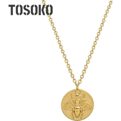 TOSOKO Stainless Steel Little Bee Coin Pendant Necklace Three-Dimensional Pattern Carved Womens Fashion Clavicle Chain BSP259