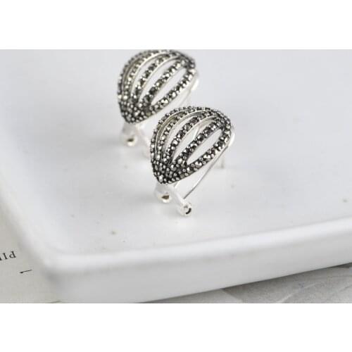 FNJ MARCASITE Earrings 925 Silver Original Pure S925 Sterling Silver Stud Earring for Women Jewelry
