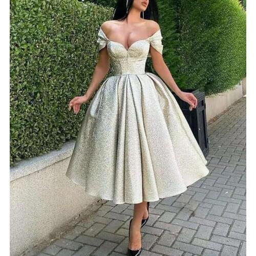 Short Glitter Blue Mermaid Evening Dresses with Sleeves Tea Length Zipper Pleated Abendkleider Formal Party Gowns for Women