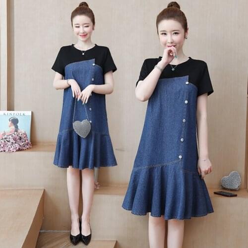 Plus Size Denim Patchwork Dress For Women Summer Casual Loose A-line Short Sleeve Button Ruffle Knee-Length Dresses 4XL 5XL