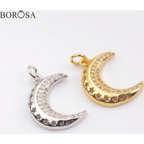 BOROSA Fashion Gold/Silver Color Engarved Moon Star Pendant Crescent CZ Charms for Women Necklace Jewelry WX1354