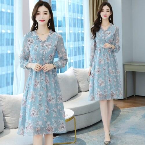 Midi Women Floral Chiffon Dress Autumn Spring Runway 2020 Korean Long Sleeve Dresses Elegant Boho Vintage Casual Party Dress New
