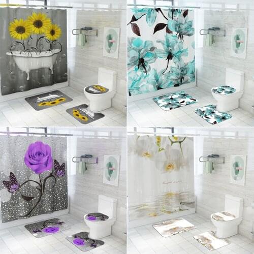 180x180cm Nature Flowers Waterproof Polyester Shower Curtains Bathroom Curtains Sets Toilet Cover Mat Non-Slip Bath Rug Set