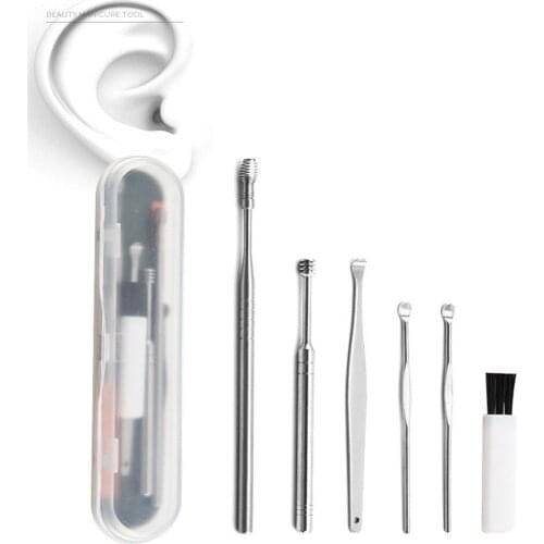 6Pcs Ear Cleaner Set Stainless Steel Ear Wax Pickers Spiral Earpick Wax Remover Curette Ear Cleaner Spoon Ear Care Clean Tool