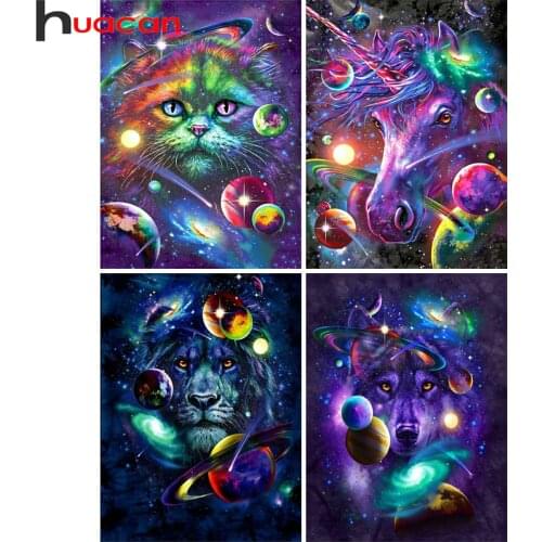 Huacan Diamond Painting Full Drill Animal Fantasy Mosaic Cat Lion Planet Embroidery Wolf Universe Home Decor Diamond Art