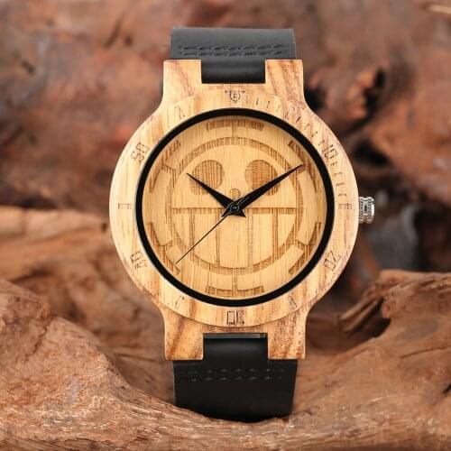 Wood Watch Black Leather Strap Lightweight Wooden Watches One Piece Smiling Face Pattern Dial Wood Watch Best Gift for Men Women