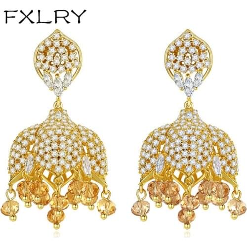 FXLRY Creative AAA Cubic Zirconia Drop Earrings for Women Wedding Party Bridal Big tassel pearl Earrings Fashion Jewelry