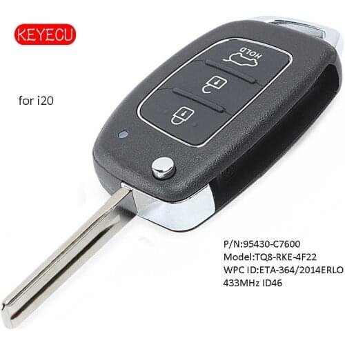 Keyecu Flip Remote Key Fob 3 Button 433MHz ID46 Chip for Hyundai I20 2014-2016 P/N:95430-C7600