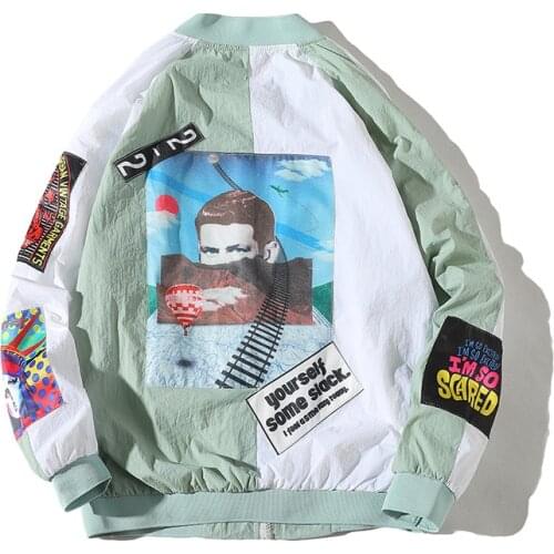 Patchwork Jackets Mens Casual Streetwear Man Pattern Stitching Baseball uniform New Hip Hop Color Matching Thin Tracksuit Coat