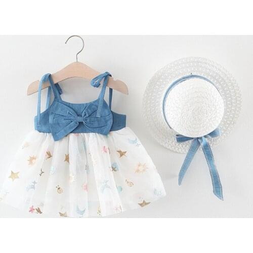 Summer Girls Denim Suspenders Dress Bow Princess Beach Dress with Hat Princess Dress
