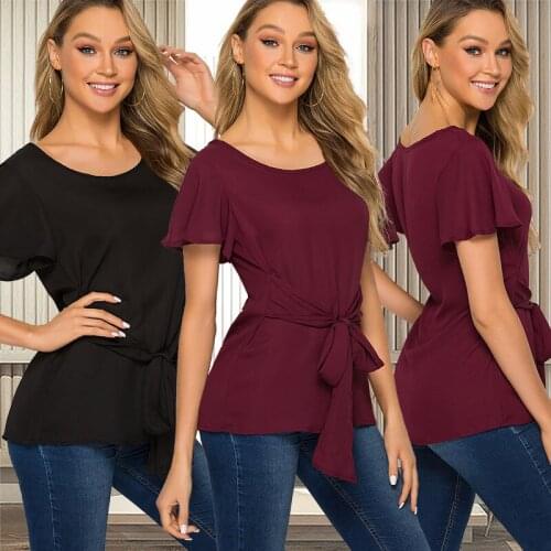 Summer Women Blouse High Elasticity O-neck Short Sleeves Lace up Tee Shirt Breathable Female Blouse Fashion Design Chiffon Bow