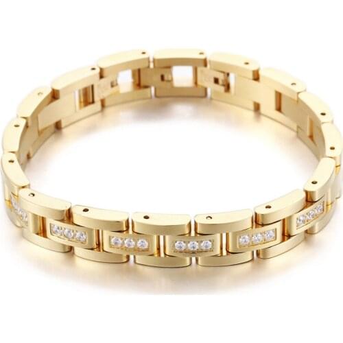 Fashion 316L Stainless Steel Gold Motor Link Chain With Popular Rhinestone Mens Womens Bracelet Bangle Hot Jewelry 7.87"*12mm