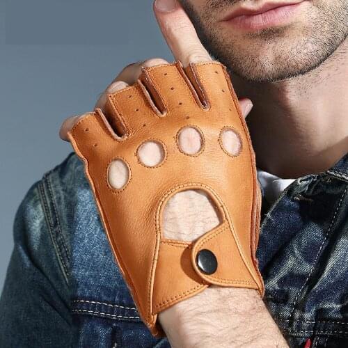 Men Deerskin Genuine Leather Gloves Half Finger Black Yellow Anti-skid Leather Driving Gloves Tactical Outdoor Sports AGC004