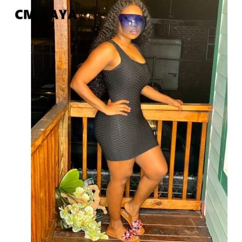 CM.YAYA Women Mini Dress Solid Sleeveless O-neck Strechy Bodycon Dresses Casual Fashion Streetwear Summer Outfits 2021