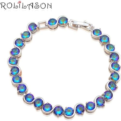 ROLILASON Round Rainbow Zircon Design Charm Bracelets for Ladies silver color Health Fashion jewelry for Party TB888