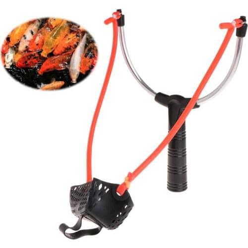 Fishing Bait Slingshot Thrower Aluminum Alloy Elastic Powerful Catapult Food Bag PXPF