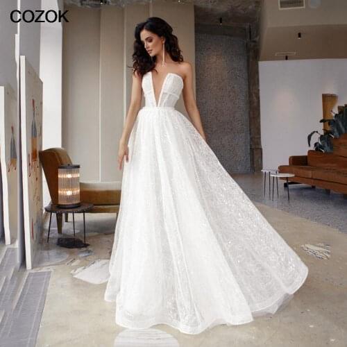 Sexy A Line Glitter Wedding Dresses Deep V Neck Sequined Lace Bridal Gown Beading Belt Brides Dress 2021