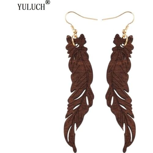 1 Pair Retail Natural Wooden Earrings Hollow Feather Wooden Earrings Wooden Long Earrings Fashion Jewelry For Woman