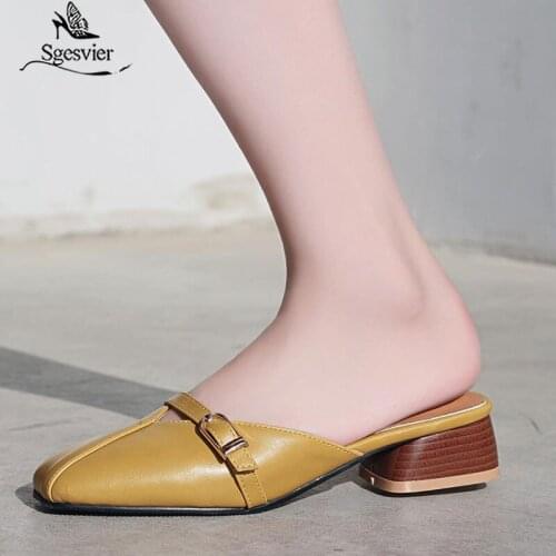 SGESVIER Women Sandals Ladies Summer Slippers Shoes Buckle Sandalias Square Toe Women Low Heels Sandals Black Beige Yellow B126