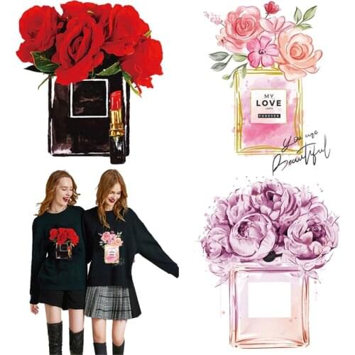 Fashion stickers flower rose perfume bottle Iron on transfer for clothing heat iron on vinyl transfer patches on clothes women