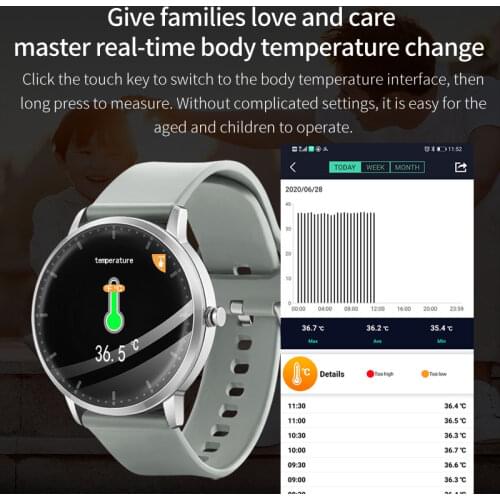 Newest full touch Round screen SmartWatch Thermometer Sport mode Heart Rate blood pressure Monitoring smart band Fitness Tracker