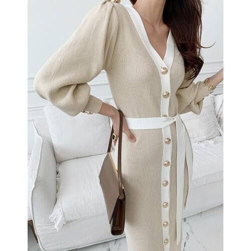 Vintage Elegant Knitted Long Dress Female Evening Party V-neck Autumn Winter Office Lady Trend New Sexy Sweater Dresses Women