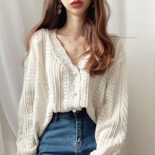 Solid Hollow Out Women Cardigans Loose Gentle Wind Autumn 2021new fashion Casual Fashion Long Sleeve V-neck Short Sweater Thin