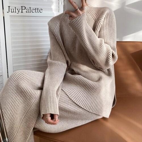 JulyPalette Spring Autumn Knitting 2Pcs Set For Women Knitted Full Sleeve Tops + Wide leg Pants Tracksuit Fashion Ladies Suits