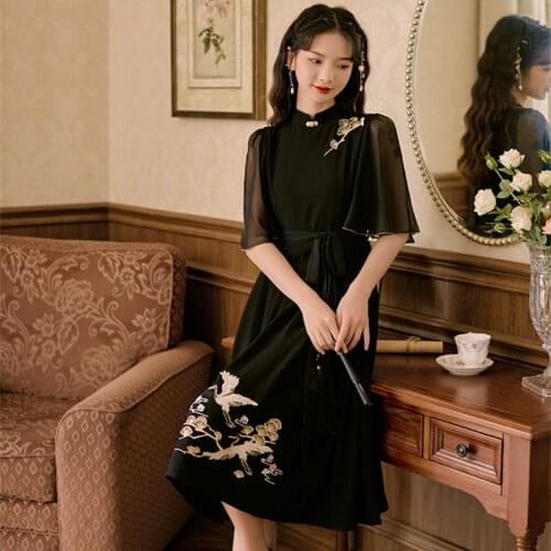 Women Chiffon Black Retro Embroidered Dress Chinese Style Modern Fashion Robe Femme Temperament Elegant Dress