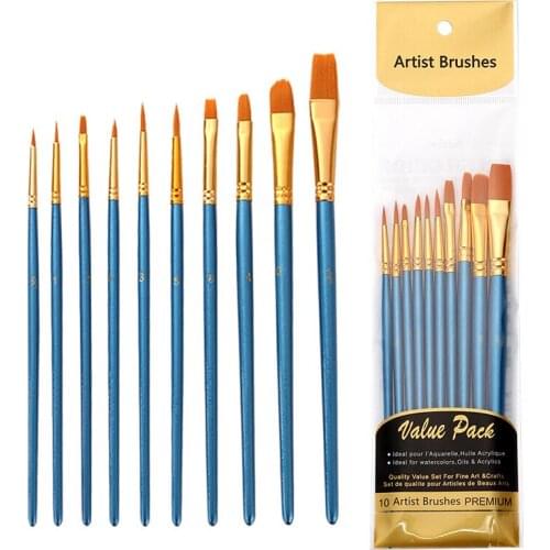 10Pcs Nylon Artist Paint Brush Set Professional Watercolor Acrylic Wooden Handle Painting Brushes Art Supplies Stationery