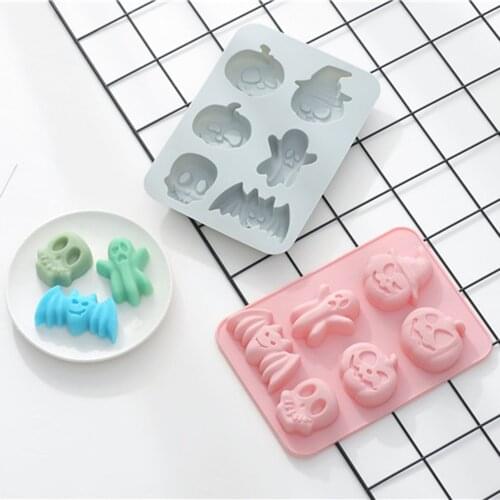 6 Grid Pumpkin Bat Skull Ghost Shape Halloween Silicone Mold Candy Chocolate Pudding Mold for Halloween Party Decoration